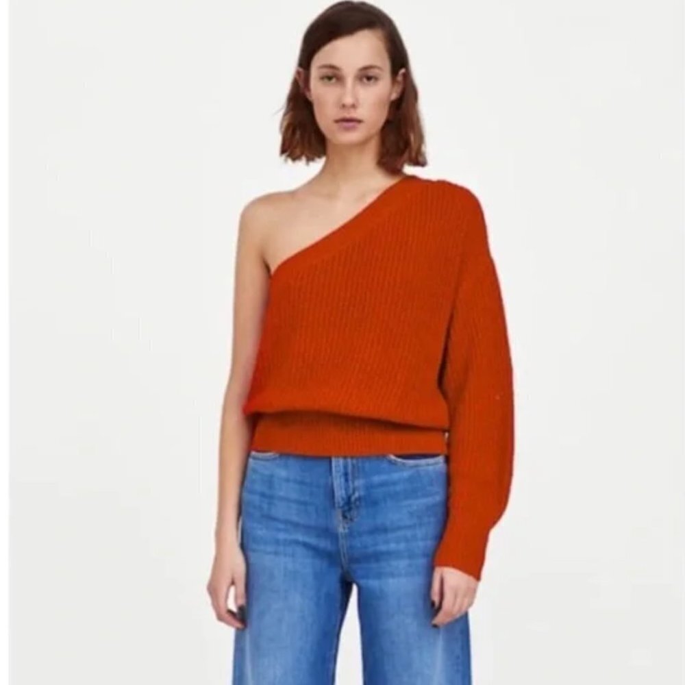 Zara  Orange Asymmetric One-Shoulder Knit Sweater Size M